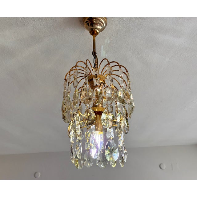 1970s 1970s French Style Hand-Painted Soft Green Crystal Waterfall Brass Chandelier For Sale - Image 5 of 9