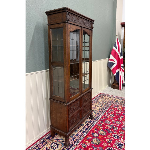Antique English Jacobean Bookcase Cabinet Double Door Glass Drawers Oak c.1930s For Sale - Image 4 of 18