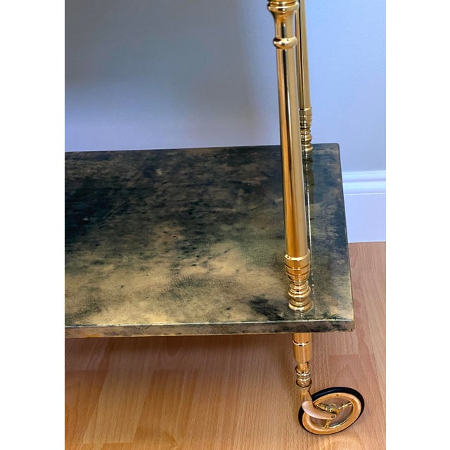 Aldo Tura Green Lacquered Goatskin Bar Cart, Brass Two-Tier Folding Drinks Trolley, Italy 1960s For Sale - Image 14 of 17