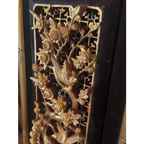 Vintage Chinese Giltwood Carved Relief Wall Hanging With Birds Flowers and Trees For Sale In Minneapolis - Image 6 of 10