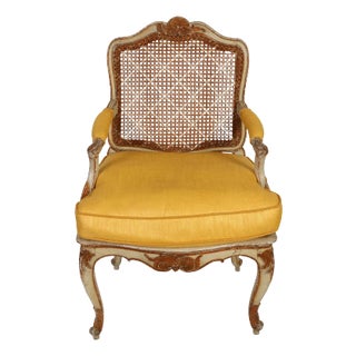 Louis XV Caned Lattice Arm Chair Newly Upholstered in Yellow Linen For Sale
