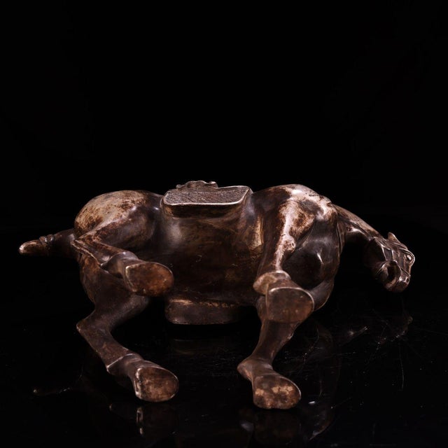 Mid 20th Century Solid Copper Silvered Galloping Horse Statue (Zhaocai Ma) - Gilt Silver Bronze Horse Figurine With Ornate Saddle For Sale - Image 5 of 10