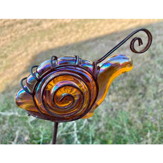 Art Deco Carnival Glass Iridescent 7” Amber Glass Snail W Copper Wire Vintage on 40” Garden Stake For Sale - Image 3 of 4