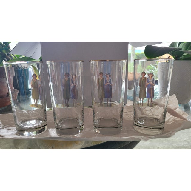 Vintage Set of 4 B. Brian Atwater 1920s Ladies Golf Motif Highball Barware Glasses Gold Trim For Sale - Image 4 of 12
