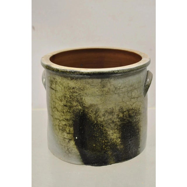 Beige Antique Stoneware Salt Glazed 9" Round Pottery Crock Pot With Blue Flower For Sale - Image 8 of 11