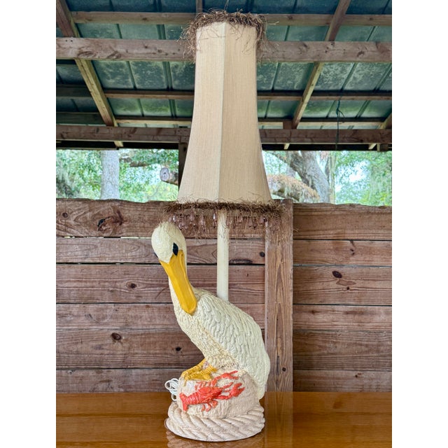 Vintage Coastal Pelican & Lobster Plaster Table Lamp With Shade For Sale - Image 12 of 12