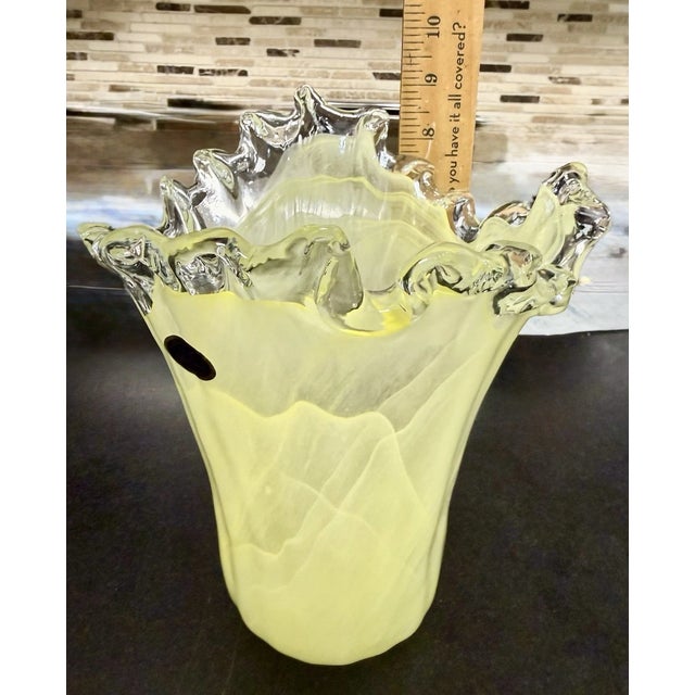1990s Vintage Murano Italy Yellow Swirl Freeform Ruffle Rim Art Glass Vase For Sale - Image 5 of 5