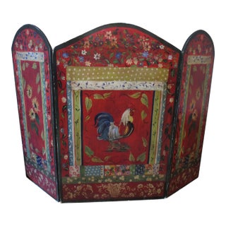 Vintage French Country Red Ornate Rooster Design With Basket Fire Screen For Sale