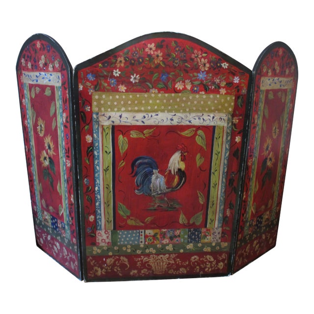 Vintage French Country Red Ornate Rooster Design With Basket Fire Screen For Sale