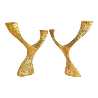 French Gilt Metal Candlesticks Attributed to Stéphane Galerneau For Sale