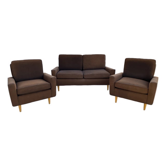 Mid Century Sofa & Two Chairs in Cocoa Brown For Sale
