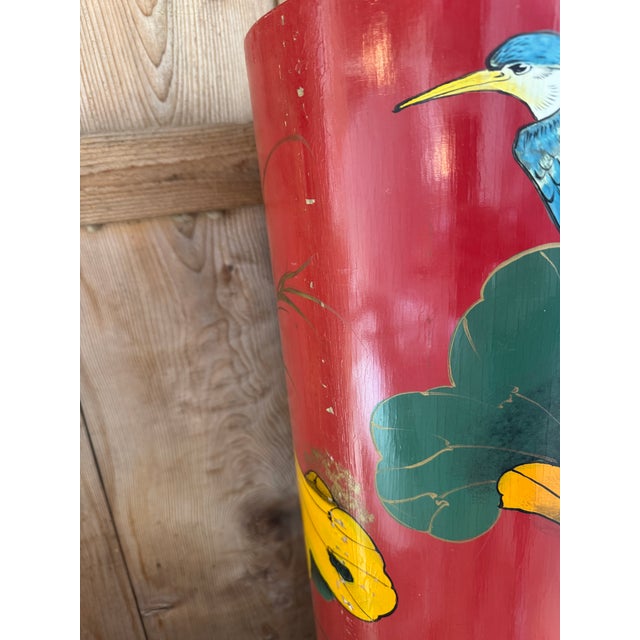 Late 20th Century Vintage Painted Red Chinoiserie Pedestals , a Pair For Sale - Image 5 of 8