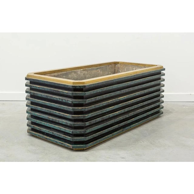 Rectangular planter or flower box with rounded corners in green and gold polychrome wood. Zinc interior for holding plants.