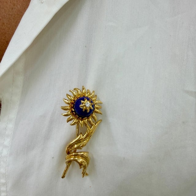Gold Vintage Tiffany & Co. Schlumberger 18k Yellow Gold Lapis Lazuli Diamond Brooch For Sale - Image 8 of 8