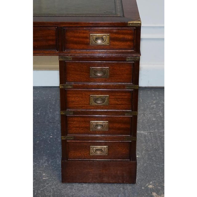 Fine Military Campaign Twin Pedestal Desk with Green Leather Top For Sale - Image 9 of 18