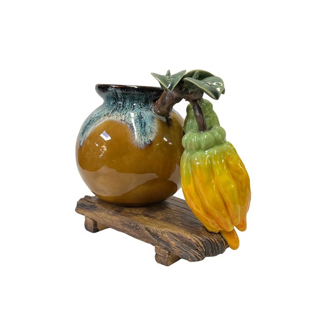 2020s Chinese Drop Blue Tan Buddha Fingers Citrus Fruits Holder Pot Vase For Sale - Image 5 of 6