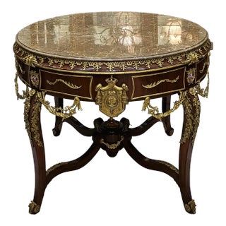 Elegant French Center Table – Marble Look Design With Glass Top & Gold Leaf Details For Sale