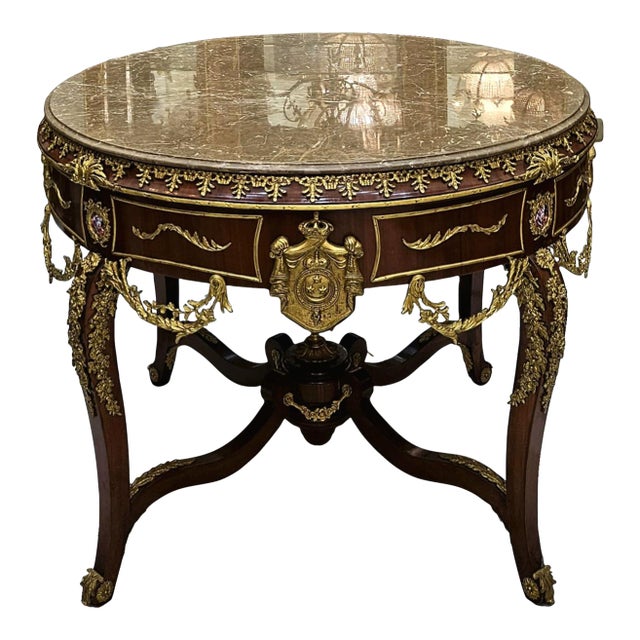 Elegant French Center Table – Marble Look Design With Glass Top & Gold Leaf Details For Sale