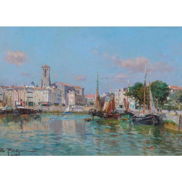 A vibrant french harbour scene by edmond marie petitjean (1844–1925), depicting a bustling waterfront with traditional...