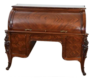 1890s Antique French Louis XV Carved Walnut Cylinder Roll-Top Writing Desk
