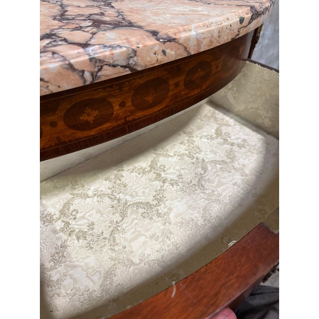 Wood Antique French Louis XV Style Demilune Commode With Marble Top, Marquetry Inlay & Ormolu Mounts For Sale - Image 7 of 17