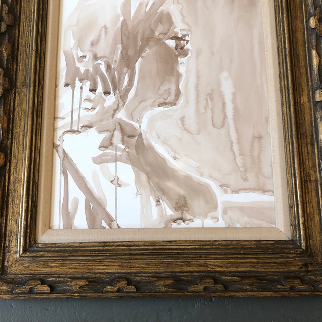 Figurative Vintage Original Portrait Watercolor Painting 1970’s Carved Wood Frame For Sale - Image 3 of 5