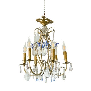 Vintage French Gilt Bronze Cage Chandelier in Blue Murano Glass, 1960s For Sale