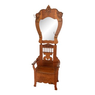 Antique American Carved Quarter-Sawn Oak Hall Tree Seat Stand With Mirror For Sale