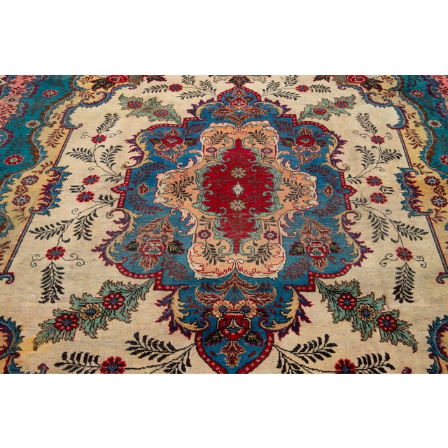 Textile Vintage Hand-Knotted Blue Wool Rug Persian Tabriz With Medallion Design For Sale - Image 7 of 9