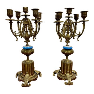 Antique Ormolu Style Gilt Bronze Five Arm Candelabras - Pair For Sale
