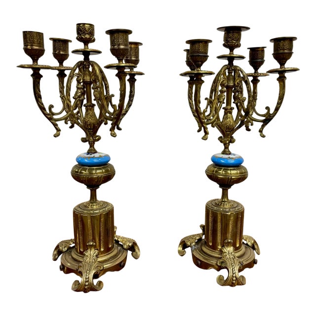 Antique Ormolu Style Gilt Bronze Five Arm Candelabras - Pair For Sale