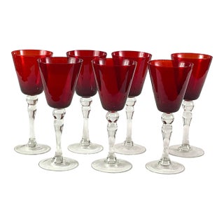 1950s McM-Morgantown-“Plantation” Collection-Ruby Red Goblets With Pineapple Stems – Set of Seven For Sale