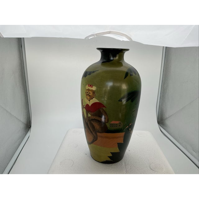 Circa 1940 Hand Painted Ceramic Vase 10.5” Monkey Musicians Chinoiserie China For Sale - Image 4 of 8