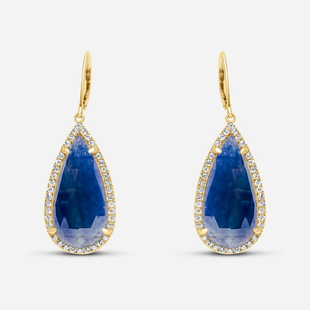Blue Sapphire Pear Drop Faceted Cabochon Diamond Halo Drop 18K Gold Earrings 18 Karat Yellow Gold Genuine Sapphire &...