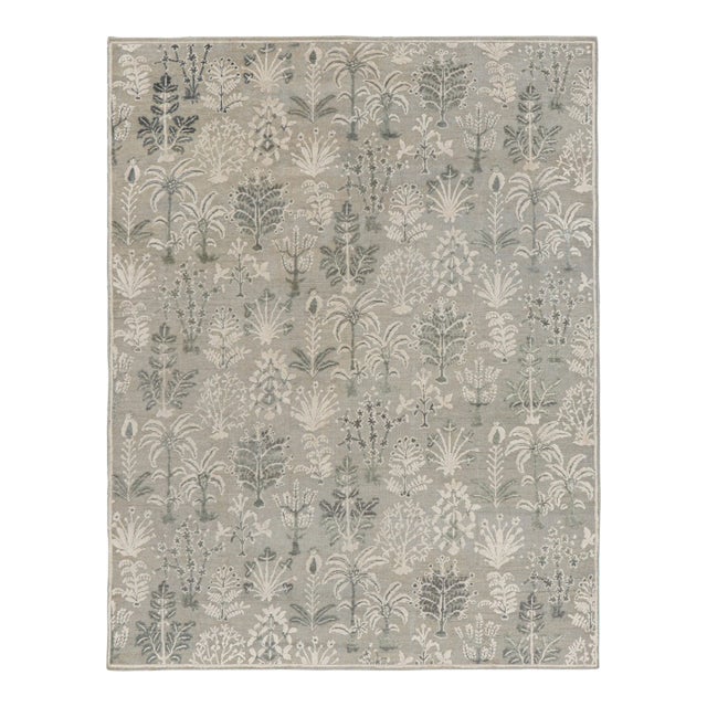Rug & Kilim’s Modern Block Print Rug in Silver-Gray & Teal with Floral Patterns - 5x7 For Sale