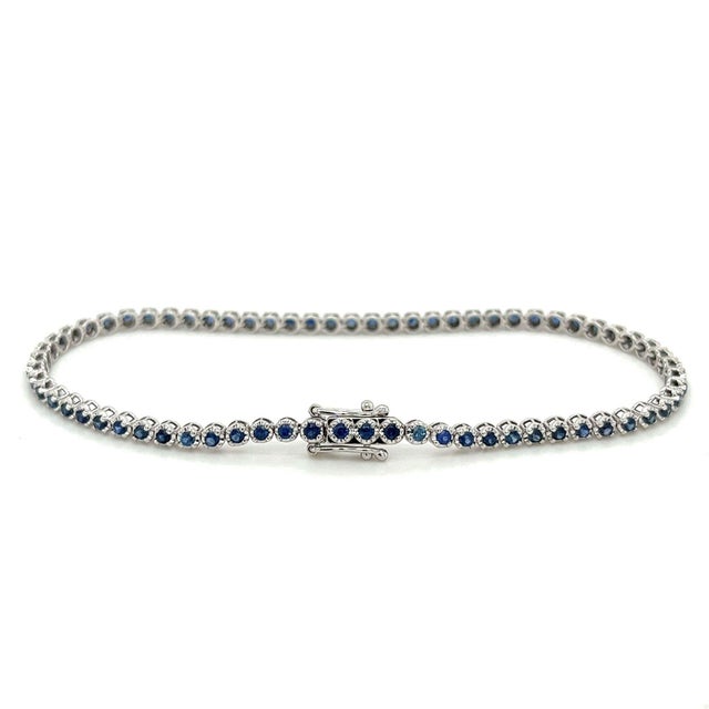 Modern Natural 1.5 Carat Blue Sapphire in 14k White Gold Ball Style Tennis Bracelet For Sale - Image 3 of 5