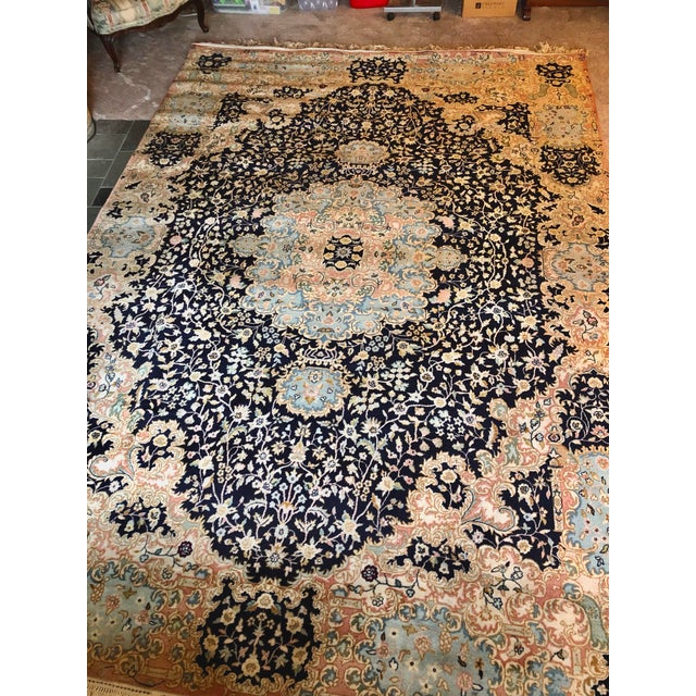 Blue Large Antique Laver Kirman Oriental Tapestry Hand Made Wool and Silk 138 X 98 Inches For Sale - Image 8 of 12