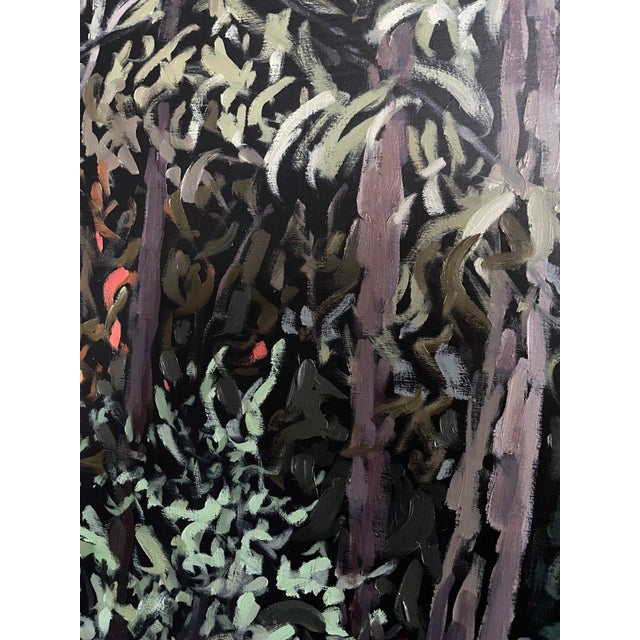 Contemporary The Forest Never Sleeps by Deb Komitor | Oil on cradled board Night scene in a dense forest with moonlight. For Sale - Image 3 of 5