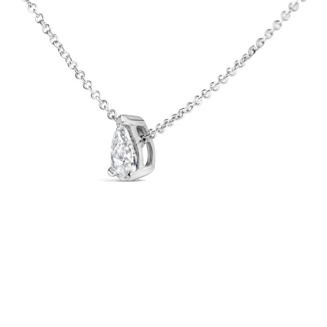 Contemporary 14K White Gold 1/2 Cttw Pear Shape Lab-Grown Diamond 3-Prong Solitaire Pendant Necklace 18 Inch (F-G Color, VS2-SI1 Clarity) For Sale - Image 3 of 6