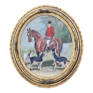 Contemporary Original Equestrian Stephen Heigh Painting “Early Morning Horse & Hound” Antique Gilt Wood Oval Frame For Sale