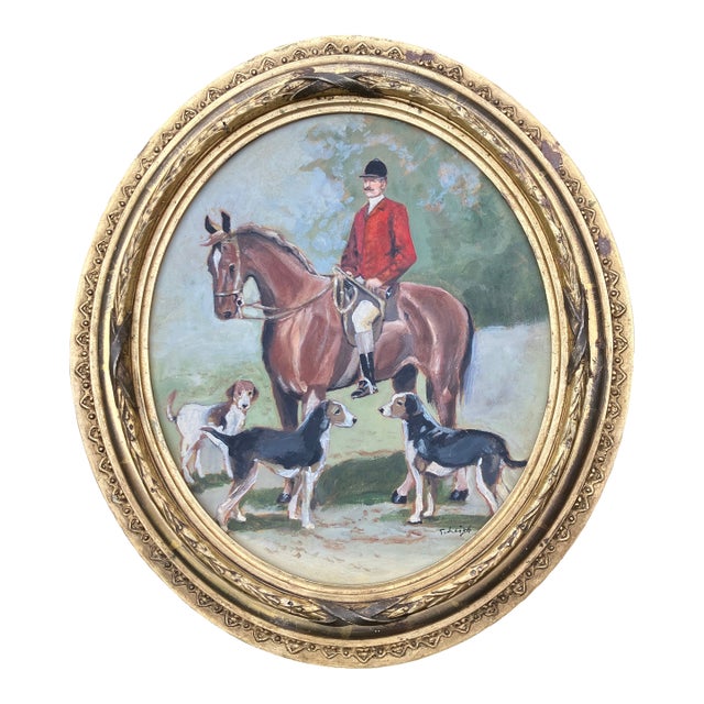 Contemporary Original Equestrian Stephen Heigh Painting “Early Morning Horse & Hound” Antique Gilt Wood Oval Frame For Sale