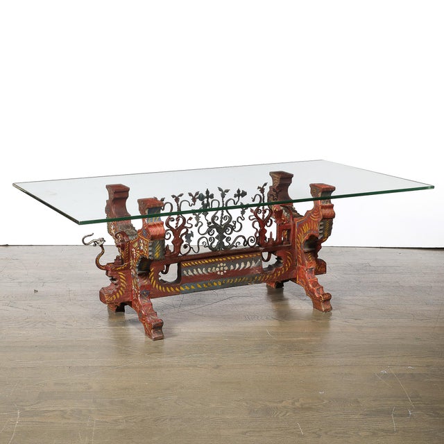 Wood Arts and Crafts Sicilian Polychromed Wood & Iron Glass Top Oxcart Cocktail Table For Sale - Image 7 of 18