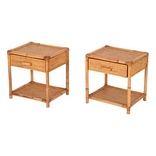French Riviera Nightstands in Bamboo and Woven Rattan, 1970s, Set of 2 For Sale