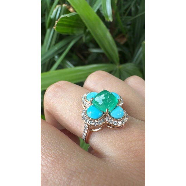 Set in 18k Gold, Art Deco Emerald Sugarloaf, Turquoise & Diamond Engagement Ring, Us Size 6 For Sale - Image 9 of 16