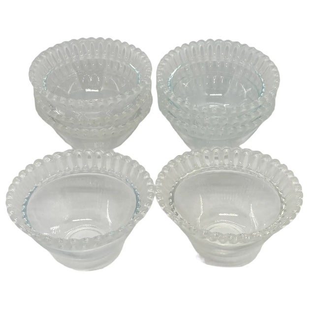 Mid 20th Century “Lalique-Style”Glass Dessert Fruit Bowls With Frosted Reticulated Rims - Set of 8 For Sale - Image 13 of 13