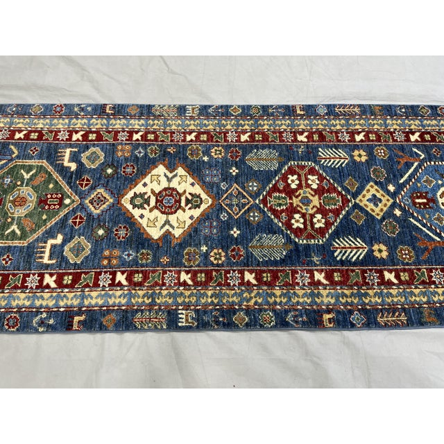 Art Deco Blue Kazak Style Tribal Runner Rug - 2'9" X 10'3" For Sale - Image 3 of 11