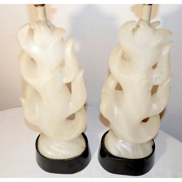 Wood Share Large Pair of Antique Hand Carved Alabaster Stone Wood Flame Fire Table Lamps For Sale - Image 7 of 12