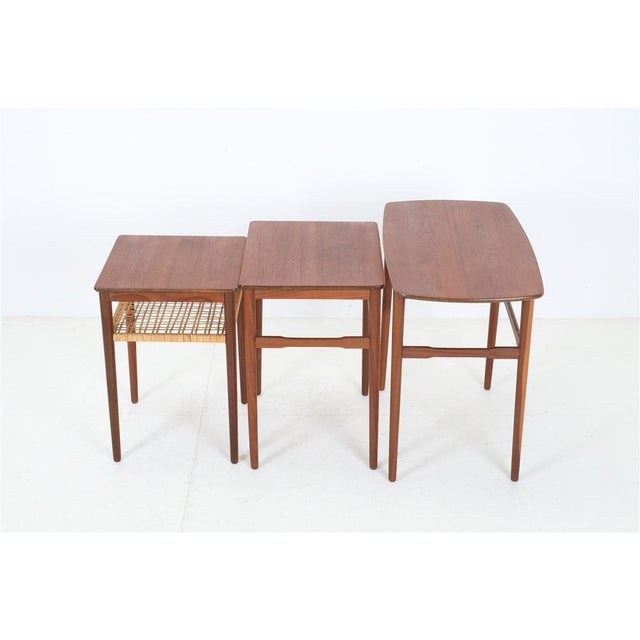 Mid-Century Danish Teak Nesting Tables with Rattan Shelves, 1960s, Set of 3 For Sale - Image 4 of 18