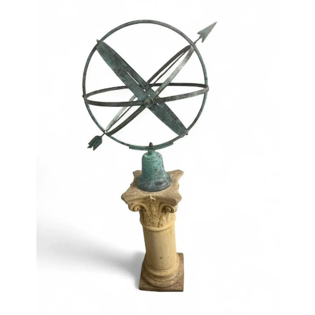 Antique Patinated Bronze Armillary Sphere on Carved Stone Pedestal For Sale - Image 4 of 7