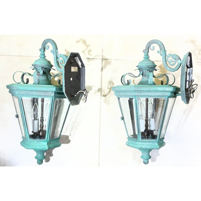 Exquisite Pair of Large Solid Brass Outdoor Wall Lanterns – Verdigris Patina For Sale - Image 17 of 18